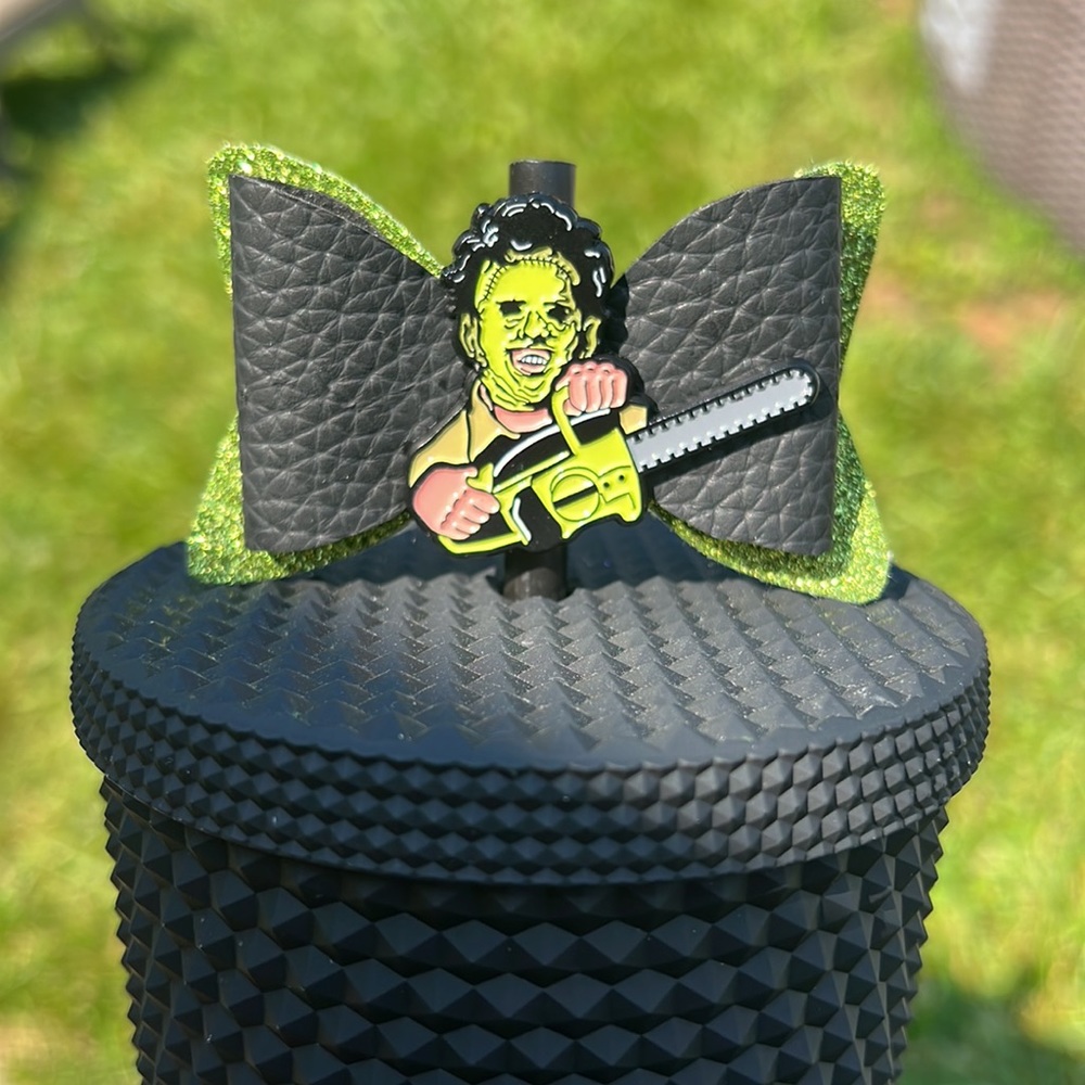 Leather face Texas chainsaw massacre Horror movie Starbucks straw topper bow